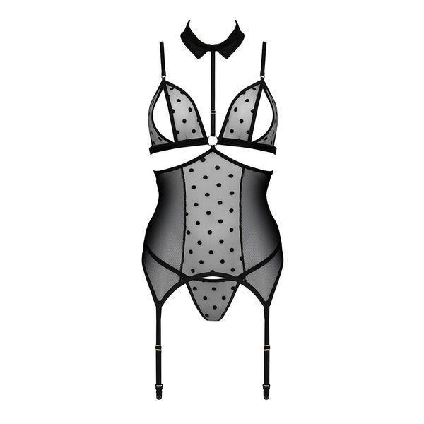 Корсет з відкритими грудьми Passion DOMINICA CORSET XXL/XXXL black, пажі для панчіх, стрінги SO8435 фото