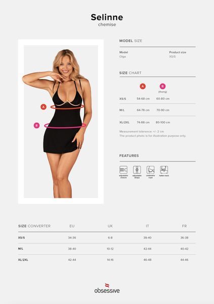Сорочка Obsessive Selinne chemise & thong XL/2XL Black, стрінги, подвійні бретелі SO8672 фото