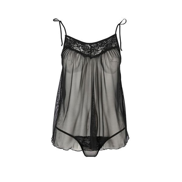 Сорочка прозора бебі дол Passion MELANIA CHEMISE S/M, black, трусики, на тонких бретелях EL16305 фото
