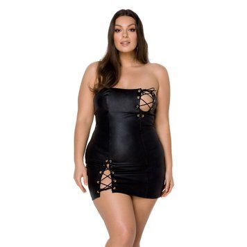 Мінісукня з екошкіри Passion CELINE CHEMISE 6XL/7XL, black, шнурівка, трусики в комплекті SO7062 фото