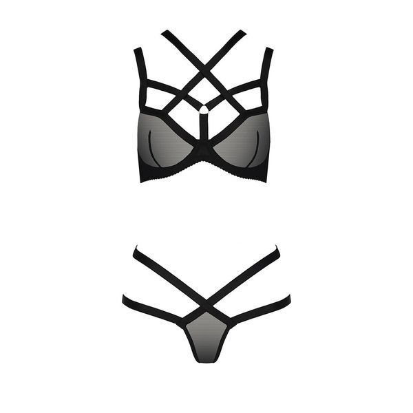 Комплект білизни Passion Exclusive HAGAR SET S/M, black, стрепи, трусики та ліф PS24705 фото