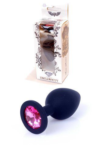 Анальна пробка BOSS SERIES Jewellery, Black Silikon Plug, з рожевим кристалом, розмір Medium, чорна 64-00087 фото