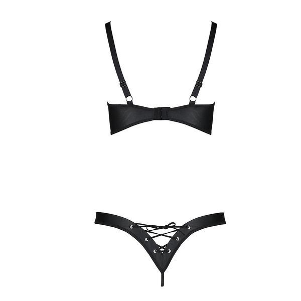 Комплект з екошкіри Passion CELINE BIKINI L/XL black, відкритий бра зі стрічками, стрінги SO6400 фото