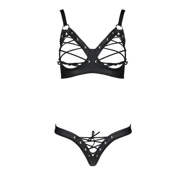 Комплект з екошкіри Passion CELINE BIKINI L/XL black, відкритий бра зі стрічками, стрінги SO6400 фото