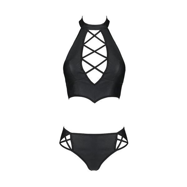 Комплект з еко-шкіри Passion NANACY BIKINI XXL/XXXL, black, бра та трусики з імітацією шнурівки SO5369 фото