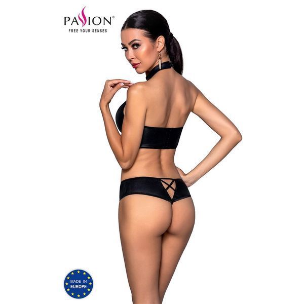 Комплект з еко-шкіри Passion NANACY BIKINI XXL/XXXL, black, бра та трусики з імітацією шнурівки SO5369 фото