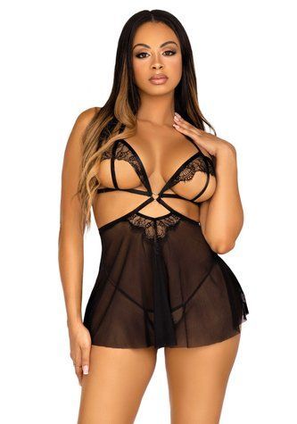 Сорочка бебі-дол з відкритими чашками Leg Avenue Lace and mesh babydoll & panty Black L, стринги SO9165 фото