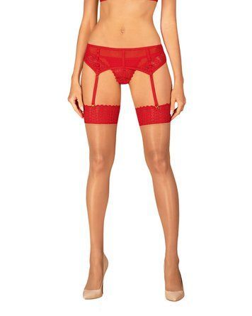 Панчохи Obsessive Ingridia stockings XL/2XL, бежеві з червоною резинкою SO9042 фото