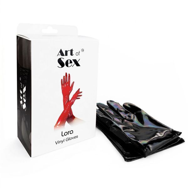 Глянсові вінілові рукавички Art of Sex - Lora, розмір S, колір чорний з ефектом голограми SX4317 фото