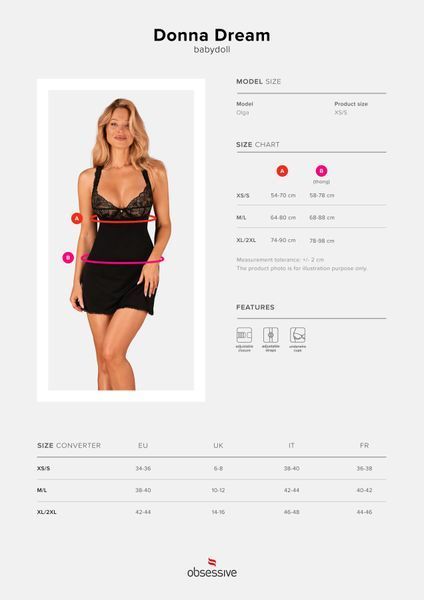 Сорочка бебі-дол з мереживом на грудях Obsessive Donna Dream babydoll XL/2XL Black, стрінги SO8632 фото