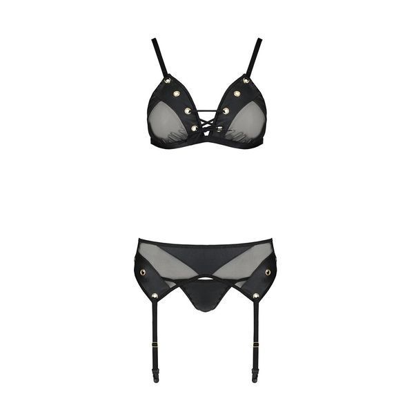 Комплект білизни Passion NESSY SET XXL/XXXL black, бюстгальтер, пояс для панчіх, стрінги SO8459 фото