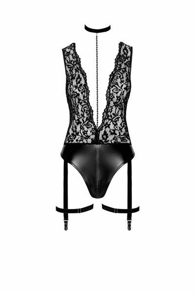 Боді Noir Handmade F297 Libido, M, чорне, мереживо, низ під латекс, відкритий доступ, гартери SX0220 фото