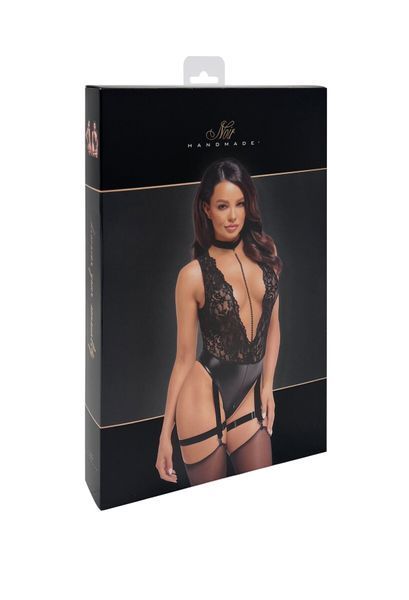 Боді Noir Handmade F297 Libido, M, чорне, мереживо, низ під латекс, відкритий доступ, гартери SX0220 фото