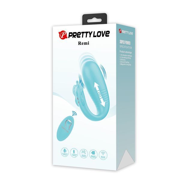 Вібростимулятор PRETTY LOVE Remi, з поштовхами, hands-free, з пультом керування, силіконовий, блакитний BI-300093W фото