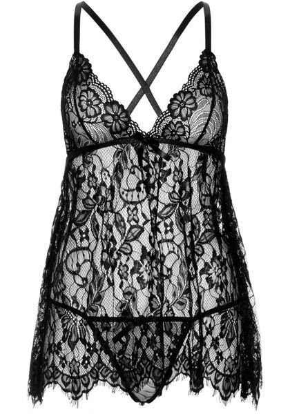 Сорочка бебі-дол Leg Avenue Floral lace babydoll & string Black L, стрінги SO9171 фото