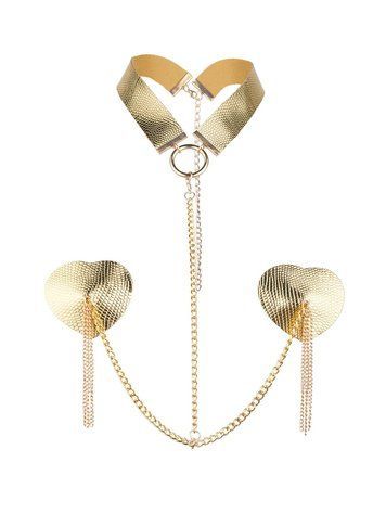 Пестис-сердечка з пензликами та чокером JSY Nipple Sticker RT236114 Golden SX3758 фото