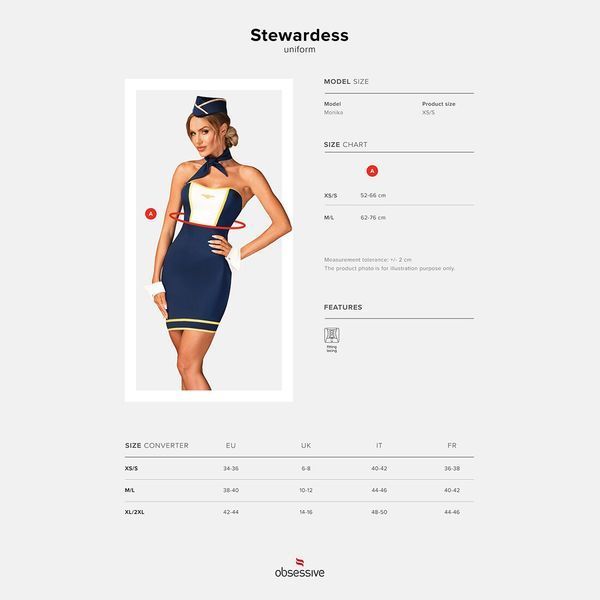 Еротичний костюм стюардеси Obsessive Stewardess uniform XS/S, blue, сукня, пілотка, шарф, манжети SO7729 фото