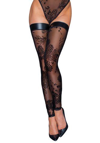 Панчохи без миска Noir Handmade F243 Tulle stockings with patterned flock embroidery, 3XL SX0160 фото
