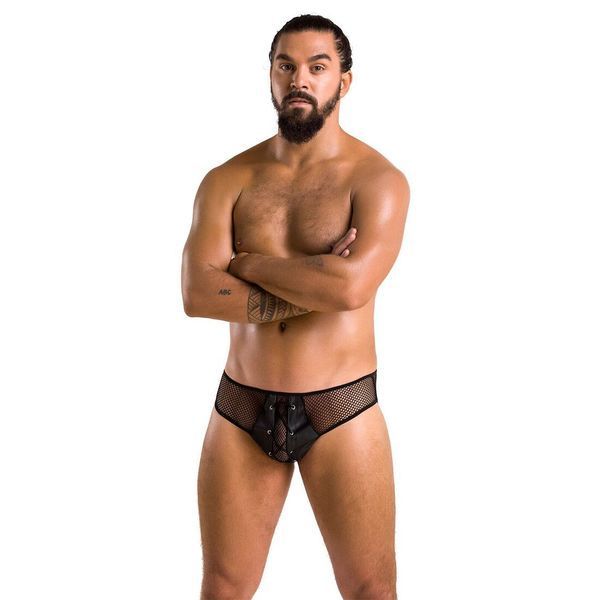 Чоловічі труси зі шнурівкою Passion 035 SLIP RICHARD L/XL Black, екошкіра, сітка SO7576 фото