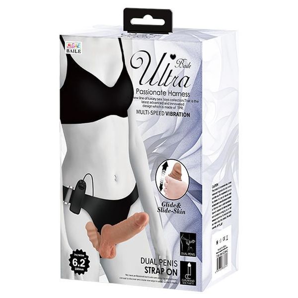 Двойной страпон BAILE Ultra Passionate Harness Dual Penis, телесный, 16 см BW-022066Z фото