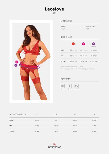 Комплект білизни Obsessive Lacelove cupless 3-pcs set M/L Red, бюстгальтер, стрінги, пояс для панчіх SO8656 фото
