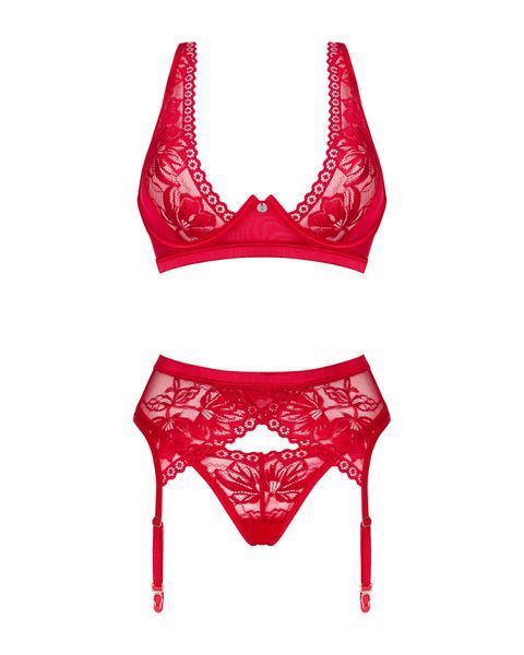 Комплект білизни Obsessive Lacelove cupless 3-pcs set M/L Red, бюстгальтер, стрінги, пояс для панчіх SO8656 фото