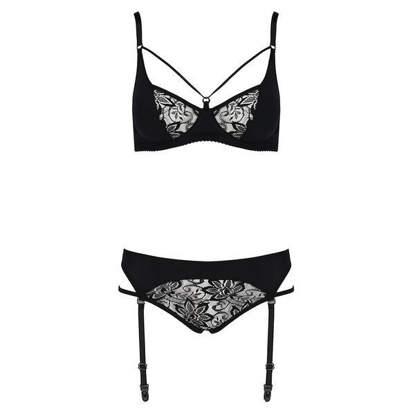 Комплект білизни Passion PAULINE SET L/XL, black, стрепи, ліф, стрінги і пояс для панчох EL15804 фото