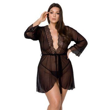 Пеньюар Passion AMBERLY PEIGNOIR 6XL/7XL, black, ажурні декольте та манжети, широкі рукави SO7054 фото