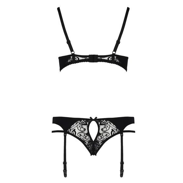 Комплект білизни Passion PAULINE SET S/M, black, стрепи, ліф, стрінги і пояс для панчох EL15805 фото
