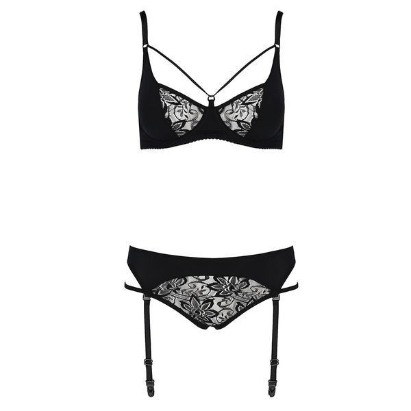 Комплект білизни Passion PAULINE SET S/M, black, стрепи, ліф, стрінги і пояс для панчох EL15805 фото