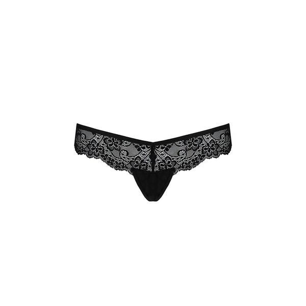 Мереживні трусики-танга з атласним бантиком Passion NAJA THONG L/XL, black SO5364 фото